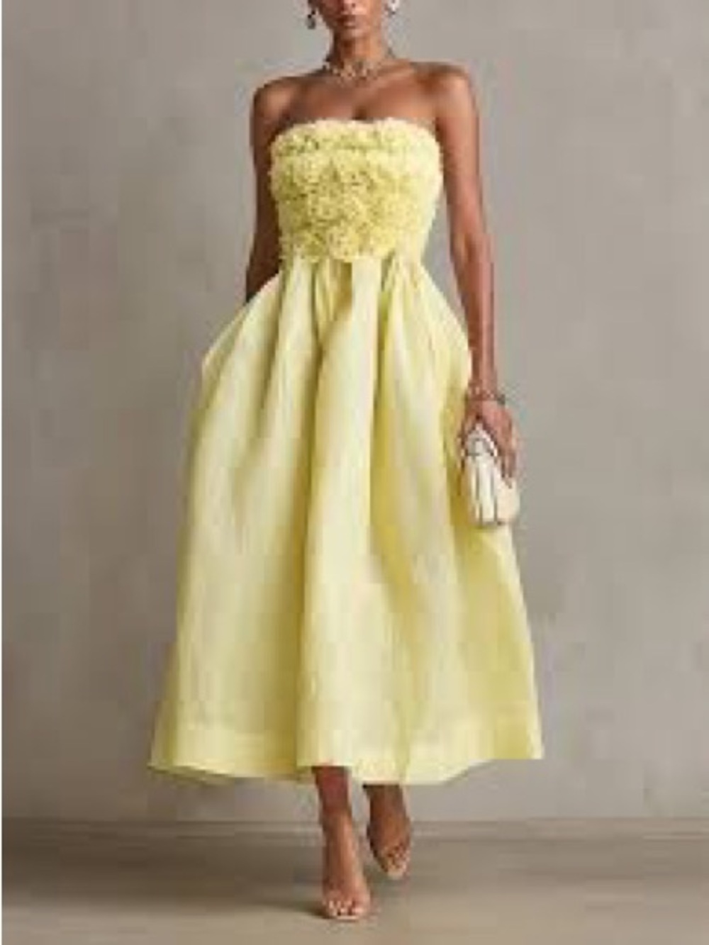 Strapless Yellow Floral Bodice Midi Dress with Pockets